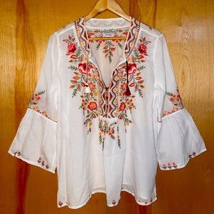 Johnny Was Workshop Alise Flare Sleeve Boho Blouse Large White